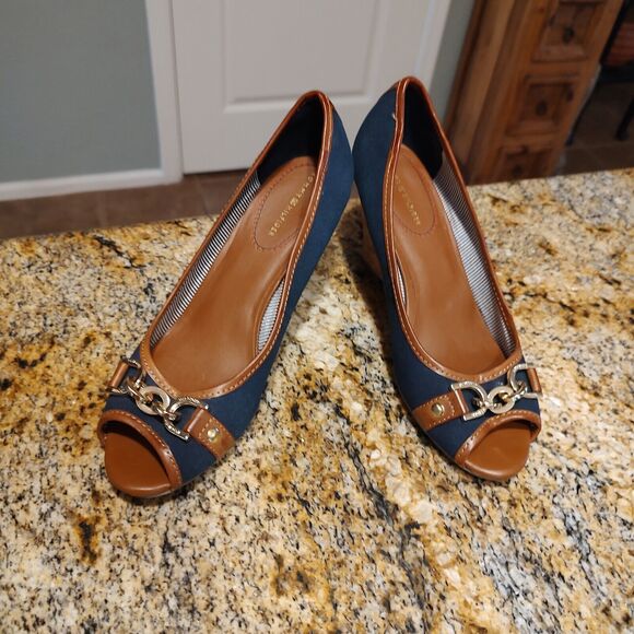 Tommy Hilfiger Tawnisha Peep Toe Canvas Cork Wedge Heels Blue Women's Sz 5.5 - Picture 4 of 10